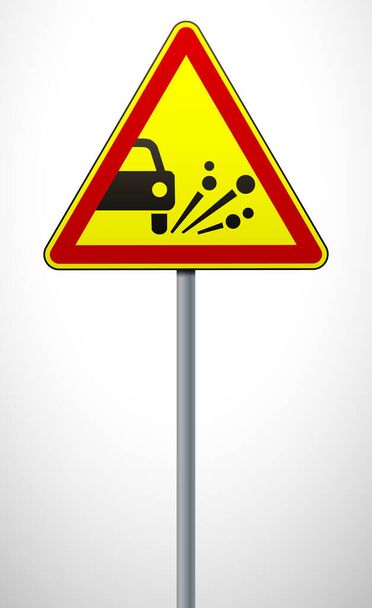 предупреждение дорожного знака бросать каменные материалы. треугольный знак на металлическом столбе. Правила дорожного движения и безопасное вождение. векторная иллюстрация. - Вектор,изображение