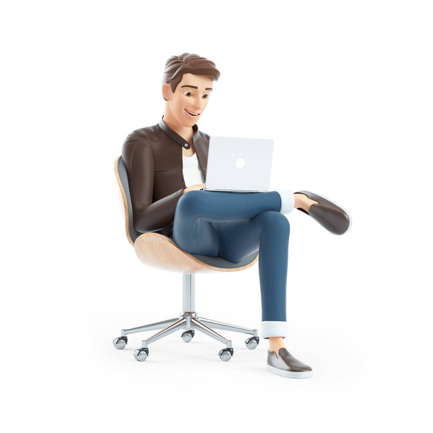 3d hombre de dibujos animados sentado en la silla con el ordenador portátil, ilustración aislada sobre fondo blanco - Foto, Imagen