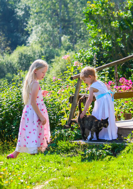 little girls with their cat in the garden - Photo, Image