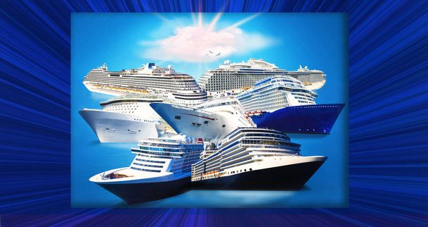 Cruceros abstractos o grandes transatlánticos en aguas abiertas. Collage sobre viajes y concepto de vacaciones. Ilustración vectorial - Vector, imagen