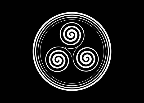 Трискелион или круглый символ трискеле. Тройной спиральный кельтский знак. Дизайн логотипа символа минеральных удобрений. Татуировка художественной печати простая плоская белая линия векторной иллюстрации изолированы на черном фоне - Вектор,изображение