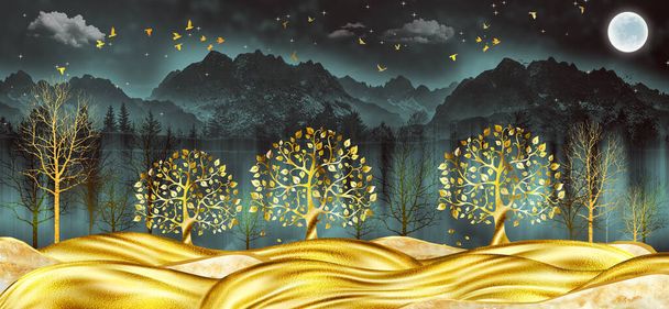3D-Wandtapete für moderne Kunst mit dunklem Dschungel, Waldhintergrund. Goldener Baum, Marmorberg, Mond mit goldenen Vögeln. Leinwand Geeignet als Rahmen an Wänden . - Foto, Bild