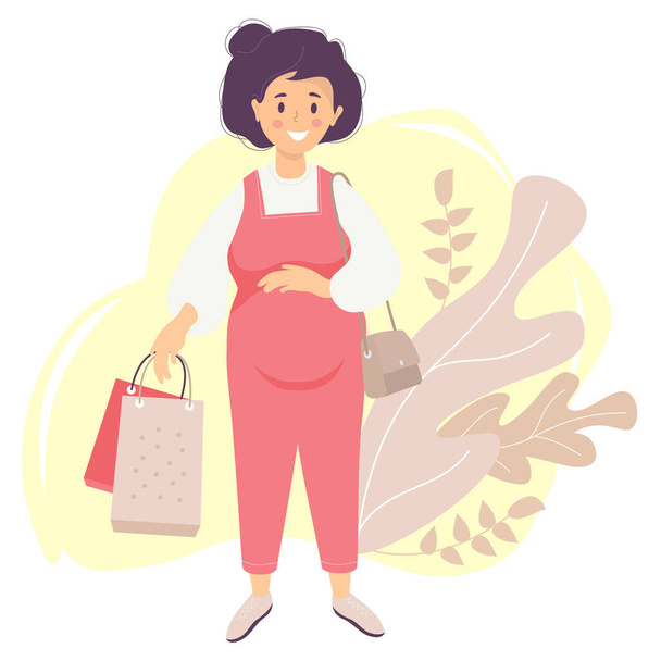 Mateřství. Šťastná těhotná žena v červené kombinéze si něžně jednou rukou obejme břicho a druhou drží tašky z obchodu. Dámská taška visí na rameni. Vektor. plochá ilustrace - Vektor, obrázek