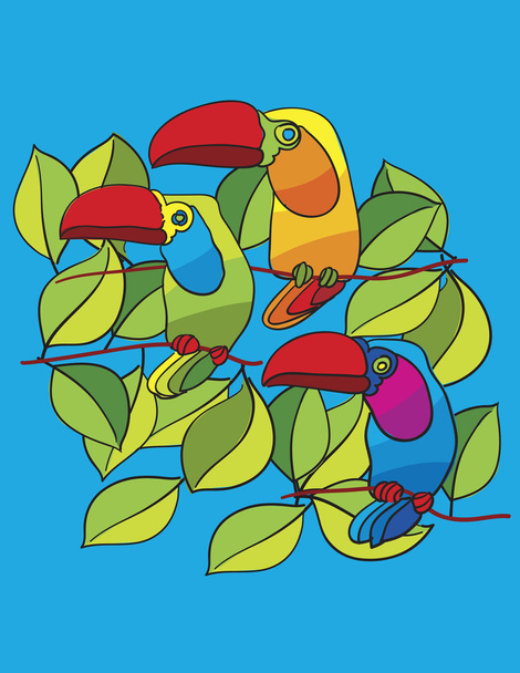 Попугаи на дереве на синем фоне, абстрактная векторная иллюстрация
 - Вектор,изображение
