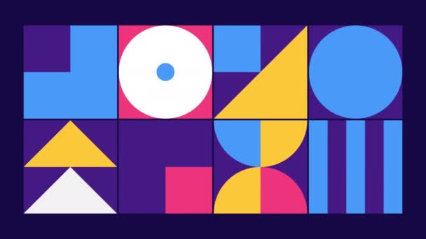 Boucle géométrique. Cercles, animation de carrés. Contexte abstrait moderniste. Bauhaus Design style. Bleu, blanc, rose, violet, jaune. - Séquence, vidéo