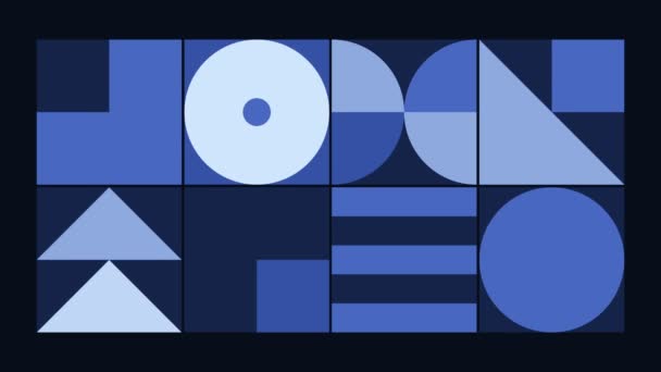 Geometrische patroonlus. Cirkels, vierkanten animatie. Modernistische abstracte achtergrond. Bauhaus Design stijl. Blauw, grijs. - Video