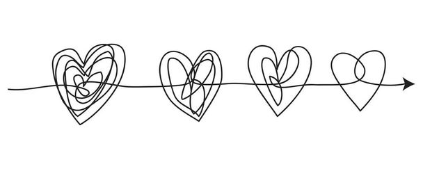 Kritzeleien. Herzsymbol im Konzept des Übergangs von kompliziert zu einfach, isoliert auf weißem Hintergrund. Vektorillustrationen - Vektor, Bild