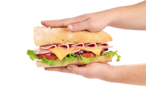 Hands pressing tasty sandwich. - Foto, imagen
