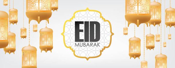 Eid Mubarak Banner. Golden Lamp on White Background Vector Illustration for greeting card, poster and voucher. - Vector, Image