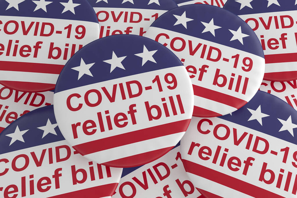 Stapel COVID-19 Relief Bill Buttons met Amerikaanse vlag, 3d illustratie - Foto, afbeelding
