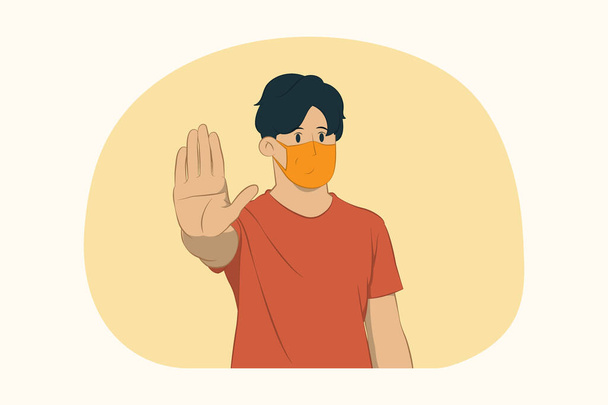 Νεαρός με μάσκα προσώπου σταματά την ιδέα της χειρονομίας παλάμης - Διάνυσμα, εικόνα