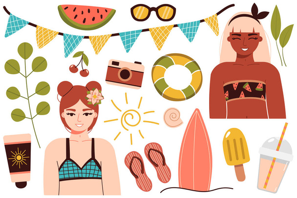 A set of summer things for the beach. Travel to a sunny country. Happy girl in a bikini is resting at the sea. A woman in a swimsuit sunbathes and relaxes near the water. Summer rest. vector - Vector, Image
