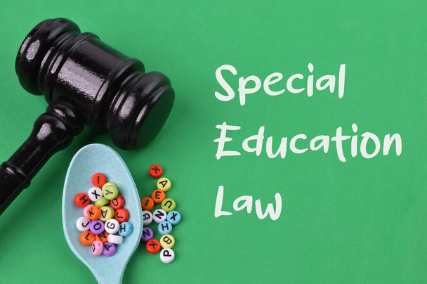 Giudice Gavel e perline alfabeto su sfondo verde scritto con il diritto dell'istruzione speciale. - Foto, immagini