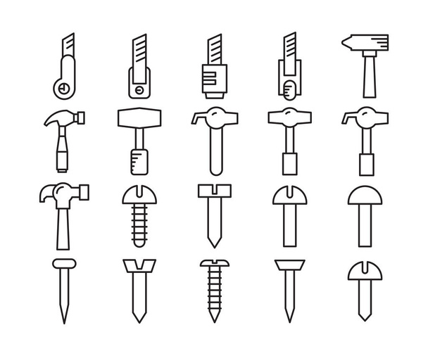 couteau cutter, ongles marteau et boulons icônes ensemble - Vecteur, image