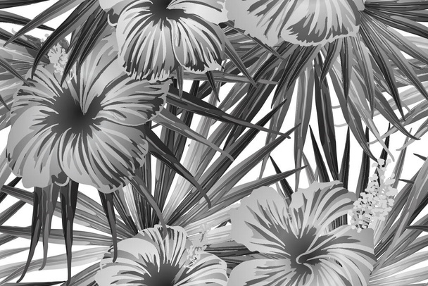 Black white exotic pattern. Monstera and hibiscus flowers tropical bouquet.  Saturated large floral swimwear print. Horizontal romantic wild vector exotic tile. Bonny spring botanical design. - Vector, Image