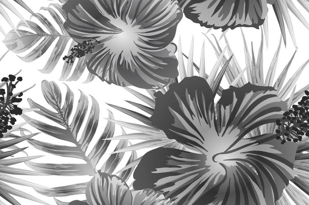 Black white exotic pattern. Monstera and hibiscus flowers tropical bouquet.  Saturated large floral swimwear print. Horizontal california natural texture design. Bonny spring botanical design. - Vector, Image