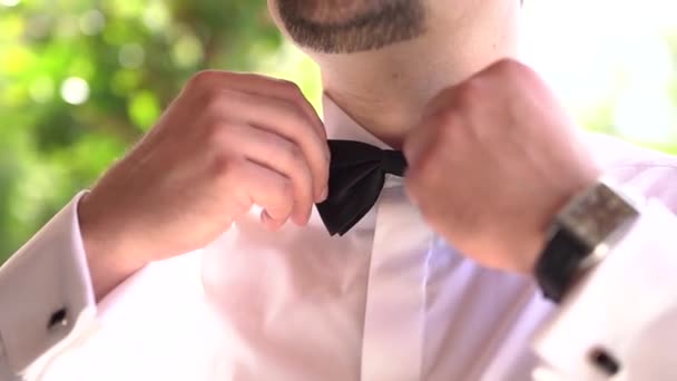 Egy férfi csokornyakkendőt vesz fel, miközben az esküvőre készül. - Felvétel, videó