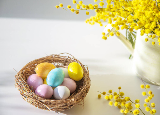 Easter composition, bright colored eggs and yellow mimosa on a black background, shadows from plants, selective focus. - Photo, Image