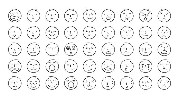 People Face Emoticon Single Line Set, Circle Shape Various Emotion and Feeling - Vector, Image