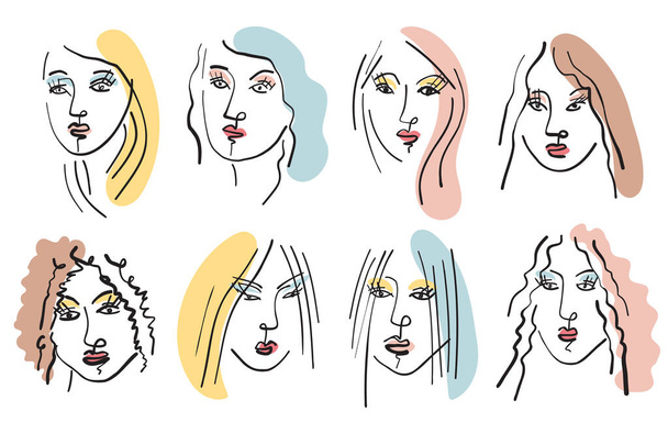 Dibujo de línea de cepillo facial para niña, Etnia diferente y diversa, Belleza y moda - Vector, Imagen