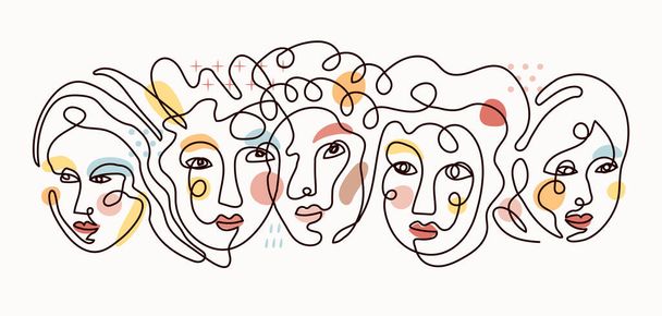 Menschen Gesicht einzeilige Konturzeichnung, Gruppe von Frauen mit farbigem Hintergrund - Vektor, Bild
