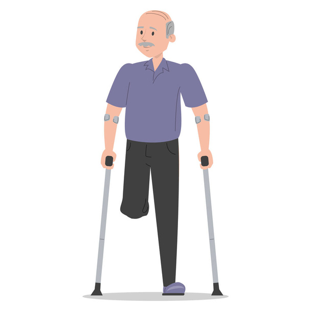 Senior Mann auf Krücken Vektor isoliert. Verletzter Mann, amputiertes Bein. Konzept von Menschen mit Behinderung. Behinderter Großvater. Verletzte Person. - Vektor, Bild