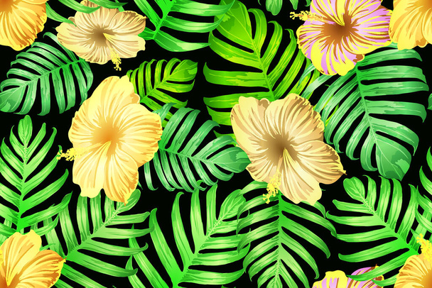 Green yellow exotic pattern. Monstera and hibiscus flowers tropical bouquet.  Hawaiian t-shirt and swimwear tile.  Horizontal california natural texture design. Bonny spring botanical design. - Vector, Image