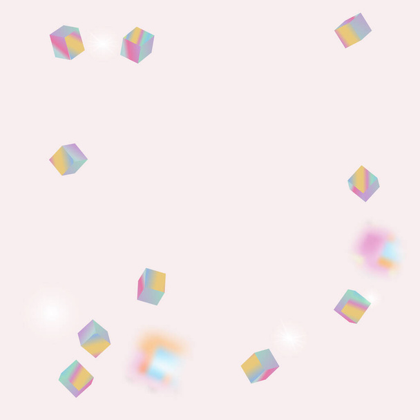 メタリックテクスチャの誕生日カード。ホロ・コンフェッティ。分離ホログラフィックキューブ粒子。幾何学的記念日カード。ベクトル・スクエア・ボーク。虹色の背景。混沌としたConfettiの背景。箔境界. - ベクター画像
