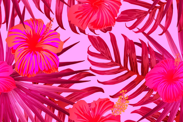 Rose motif exotique rouge. Bouquet tropical de fleurs de Monstera et d'hibiscus. Imprimé grand maillot de bain fleuri saturé. Conception de texture naturelle de californie horizontale. Bonny design botanique de printemps. - Vecteur, image