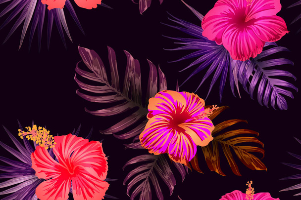 Rózsaszín vörös egzotikus minta. Monstera levelek és hibiszkusz virágok nyári nyomtatásban. Hawaii póló és fürdőruha cserép. Vízszintes kaliforniai természetes textúra design. Hipertermészetes botanikai kialakítás. - Vektor, kép