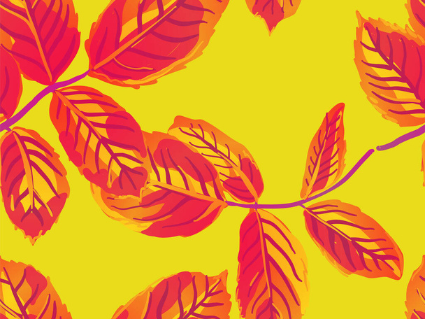 Coleção Pintado Inglês Rose Leaf Patterns. Fundo Botânico Romântico do Vetor. Summer Textile Design. Rose deixa padrão sem costura. Papel de parede repetido Primavera Peony. Açafrão Amarelo e Vermelho - Vetor, Imagem