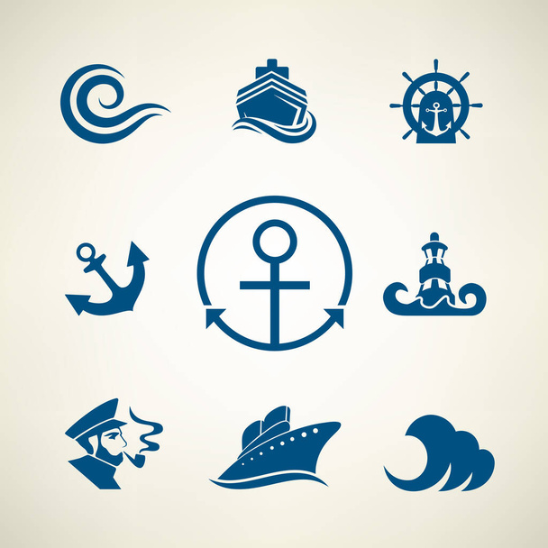 ベクトルロゴ船、波、船の船長、灯台、アンカーと舵の海洋セット. - ベクター画像