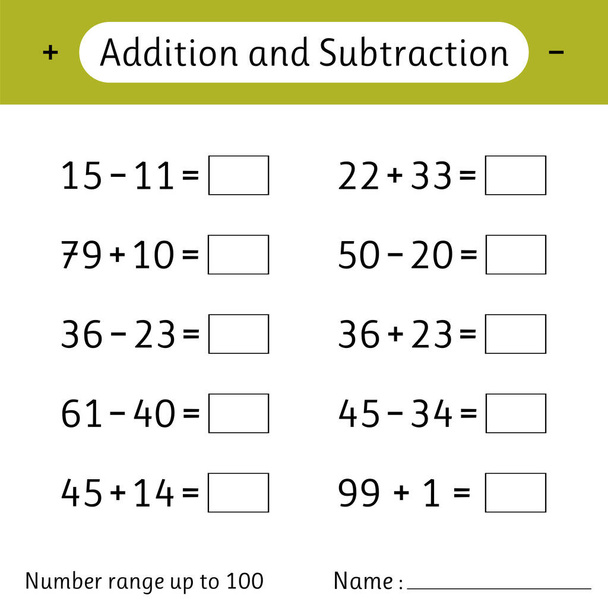 Addition and Subtraction. Number range up to 100. Math worksheet for kids. Developing numeracy skills. Solve examples and write. Mathematics. Vector illustration - Vector, Image