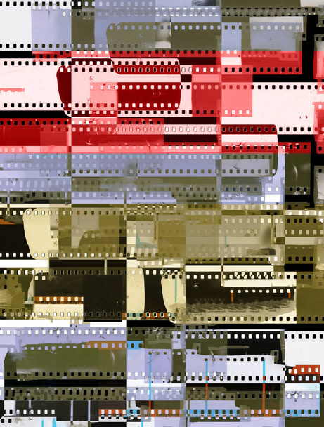 Abstrakte Collage aus Zelluloid-Filmstreifen - alte, gebrauchte, staubige und zerkratzte Zelluloid-Filmstreifen - Foto, Bild