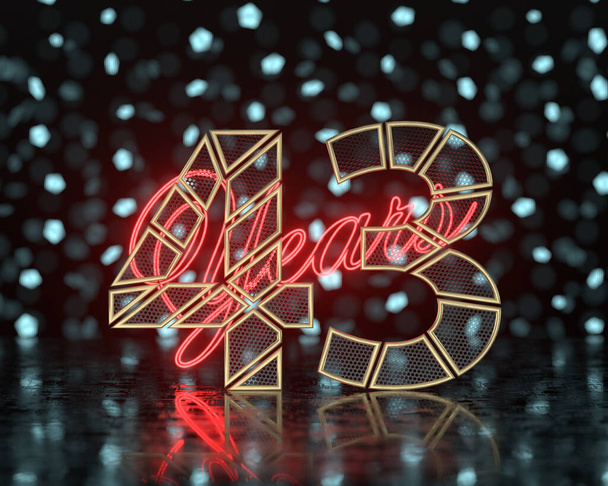   Golden number forty-three (number 43) cut into perforated gold segments with  inscription years with a background of glowing blurred shapes. 3D illustration - Photo, Image