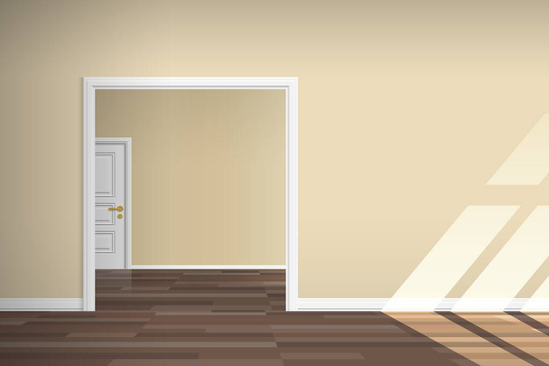 leere Raumausstattung mit offener Tür Holzbodenfenster Licht - Vektor, Bild