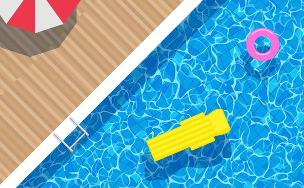 top view swimming pool .floating mattress ring umbrella on water surface vertical background diagonal composition - Vector, Image