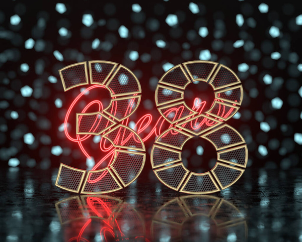   Golden number thirty-eight (number 38) cut into perforated gold segments with  inscription years with a background of glowing blurred shapes. 3D illustration - Photo, Image
