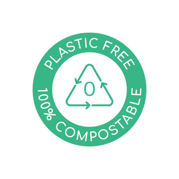 プラスチックフリー100%堆肥化アイコン。緑の丸で三角形と数字ゼロをリサイクルします。プラスチック製のラベルはゼロ。環境に優しい生分解性のbpa無料製品パッケージ。ベクターイラスト,フラット,クリップアート. - ベクター画像