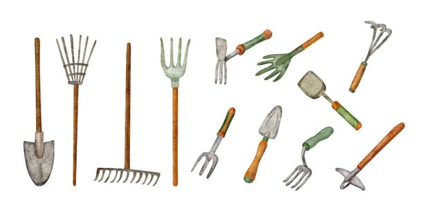Garden tools for digging and loosening the soil. Hand painted watercolor illustration of shovels, rakes and  hoes on white background.  - Photo, Image