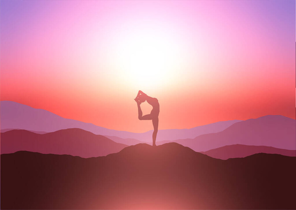Silueta de una hembra en una pose de yoga en una colina contra un cielo al atardecer - Vector, imagen