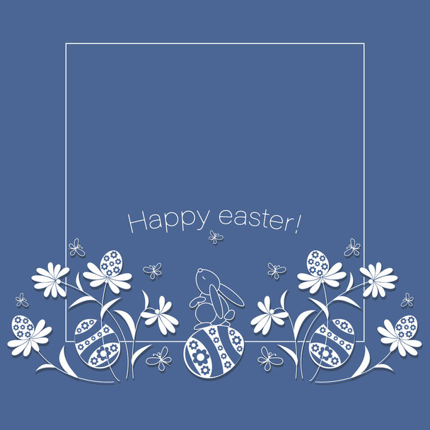 Feliz Pascua. Marco de Pascua vectorial. Conejo de Pascua, huevos en el prado de flores. Diseño postal con conejo. - Vector, imagen