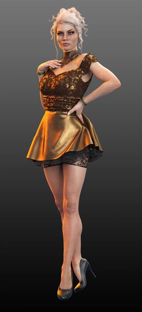 Blondynka w złotej sukience Party, sukienka koktajlowa z Updo włosów - Zdjęcie, obraz