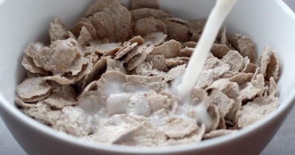健康的なシリアル全粒粉の上にビーガンミルクを置く朝食のための小麦フレーク - 映像、動画