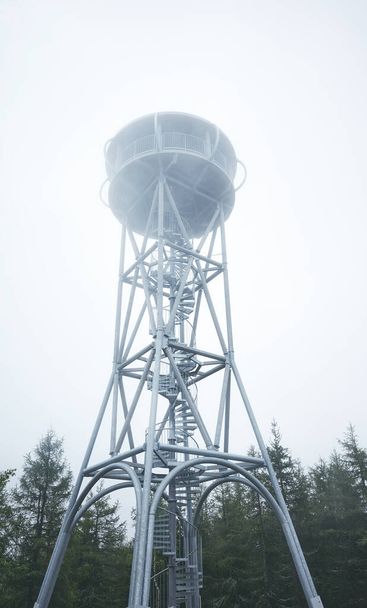 Wieża widokowa w lesie w mglisty dzień. - Zdjęcie, obraz