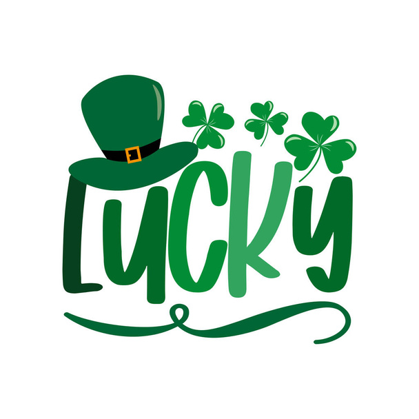 Lucky - Typografie, met hoed en klaverblad voor St.Patrick 's Day. - Vector, afbeelding