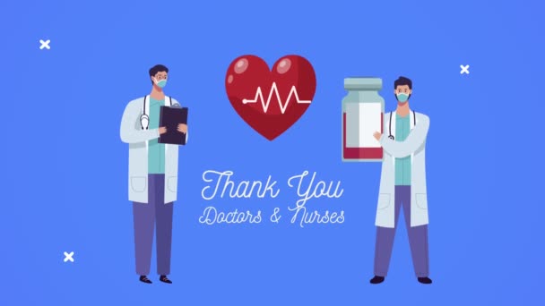 gracias médicos y enfermeras letras con vial y corazón cardio - Imágenes, Vídeo
