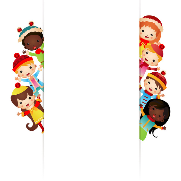 Frame with multinational children in bright clothes - Vector, Image