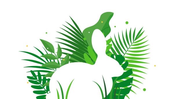 White rabbit among plants. Silhouette of a rabbit and green leaves. Vector illustration of a wild animal in its natural habitat. Flat style. - Vector, Image
