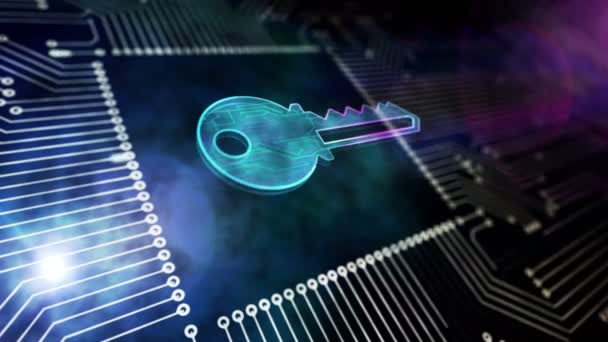 プライバシー、コンピュータパスワードの安全性、データ保護と暗号化。サイバーセキュリティの概念。作業用コンピュータボード上を飛ぶ未来的な3Dキー記号。ループ可能でシームレスな抽象的背景. - 映像、動画